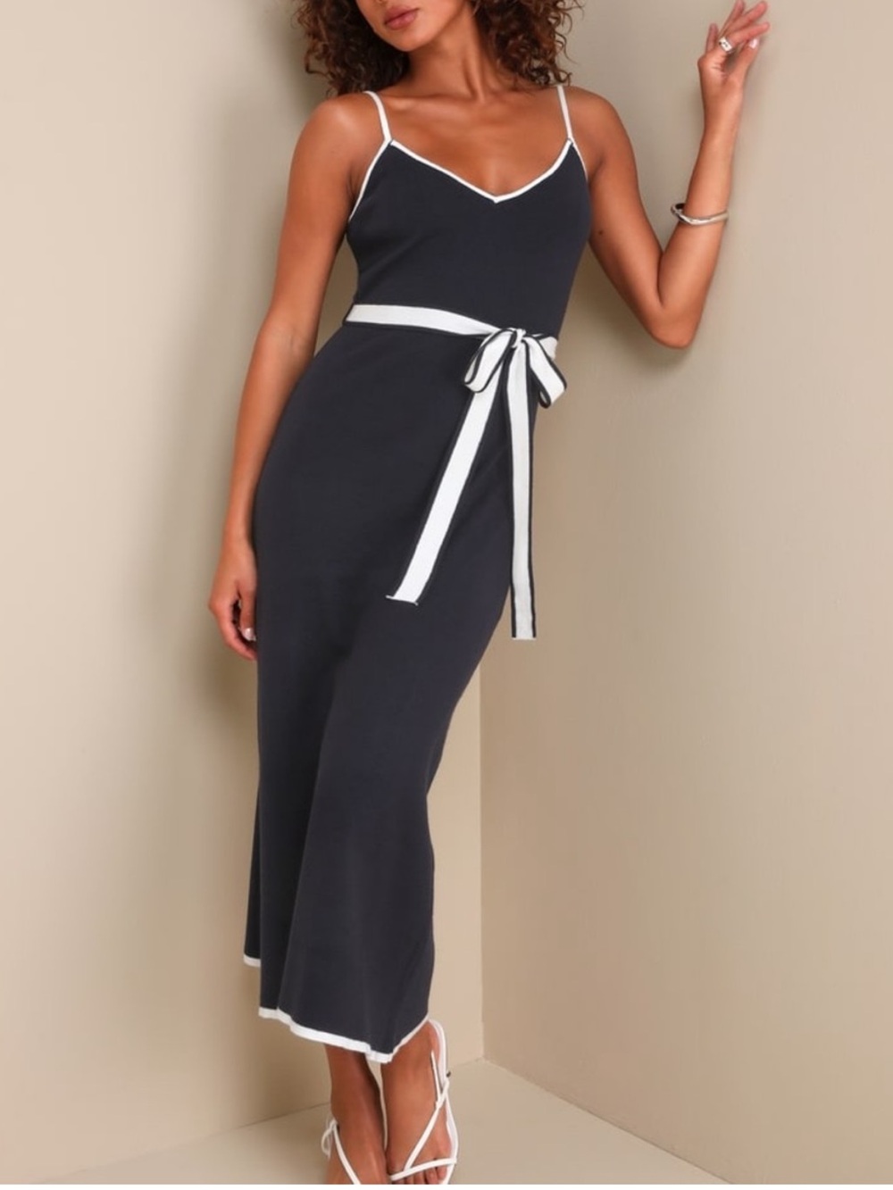 Navy blue Maxi Dress with White Trim and Self-Tie Waist